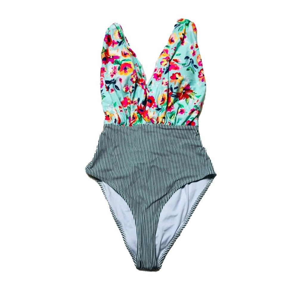 Cupshe Plunge One Piece Swimsuit Floral Striped